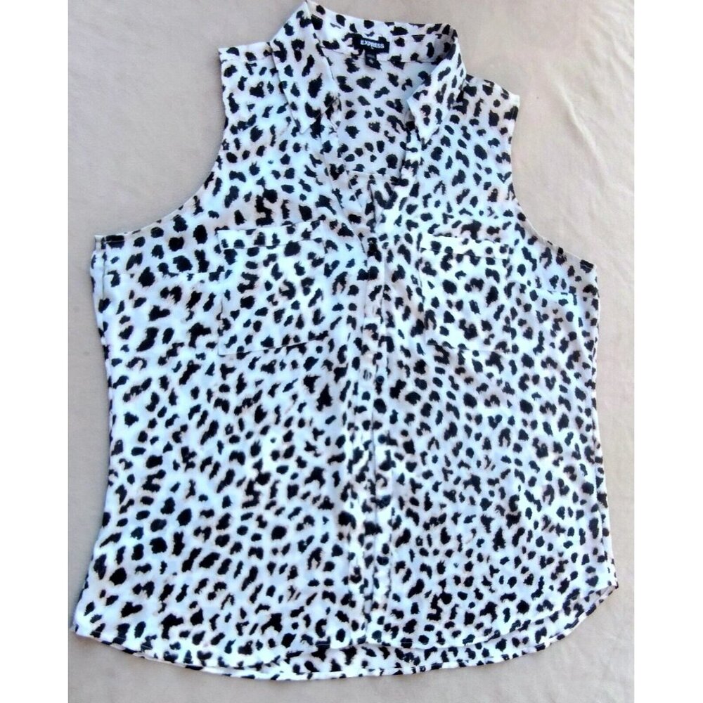 Express Women’s Vest Blouse Leopard Print Sleeveless Collared Summer Sheer XL